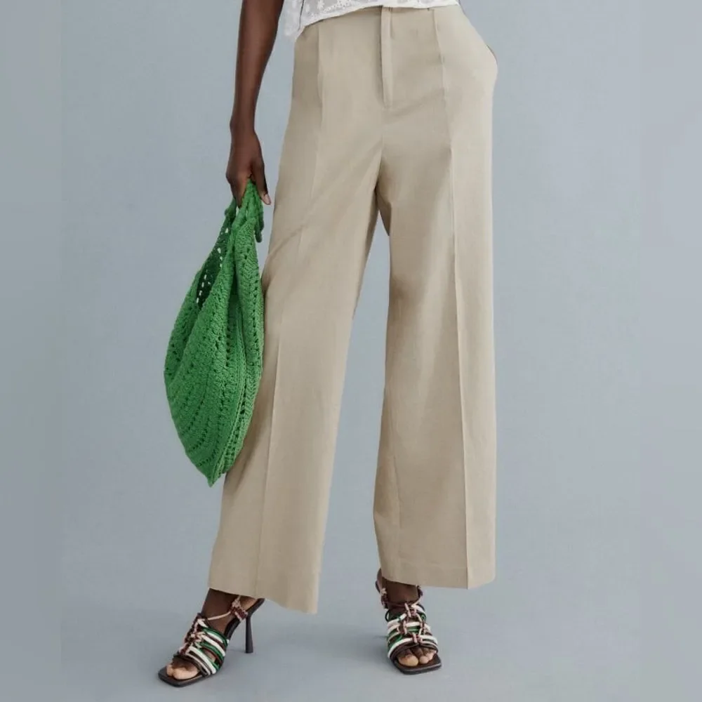 Zara Linen Blend Pants Taupe Brown